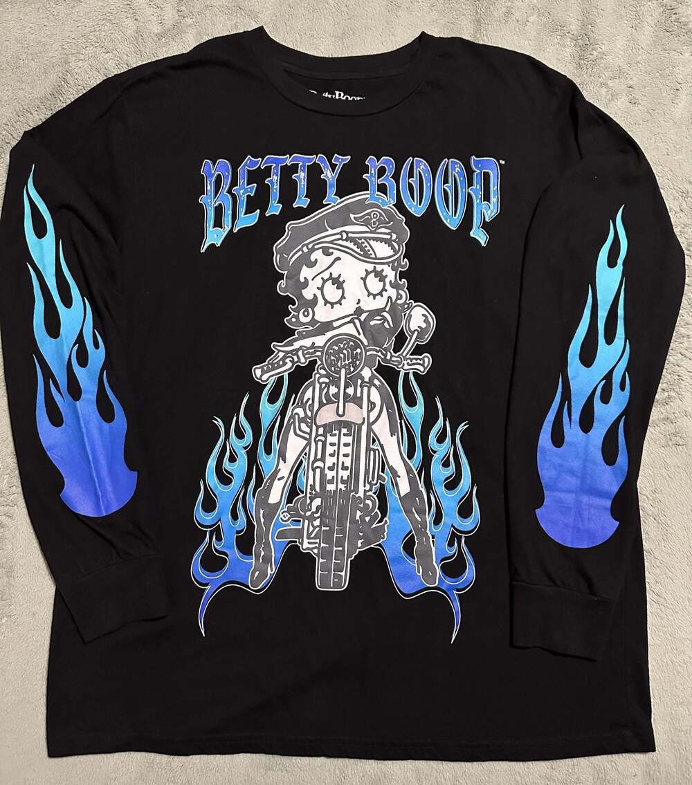 Betty Boop Biker Graphic Long Sleeve Black Shirt w/Blue Flame Sleeves, Large